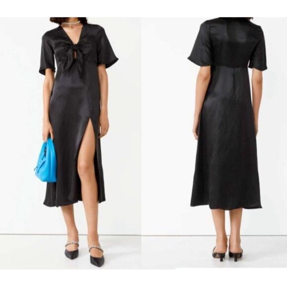 & Other Stories Flutter Sleeve Satin Tie Front Midi Dress Sz 2 Black Silk Blend - Picture 1 of 12